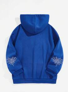 Flirla 加大码水钻骷髅图案袋鼠口袋抽绳保暖内衬卫衣 - 寶藍色 - 查看 2