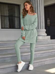 SHEIN Essnce Drop Shoulder Split Hem Tee & Leggings - Mint Green - View 4