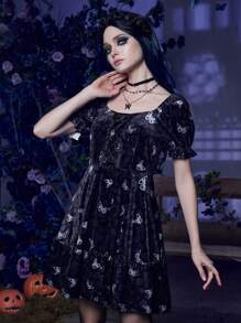 Corpse Bride | ROMWE Butterfly Print Velvet Dress - Multicolor - View 3