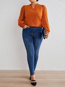 SHEIN Privé Plus Swiss Dot Lantern Sleeve Blouse - Brown - View 5