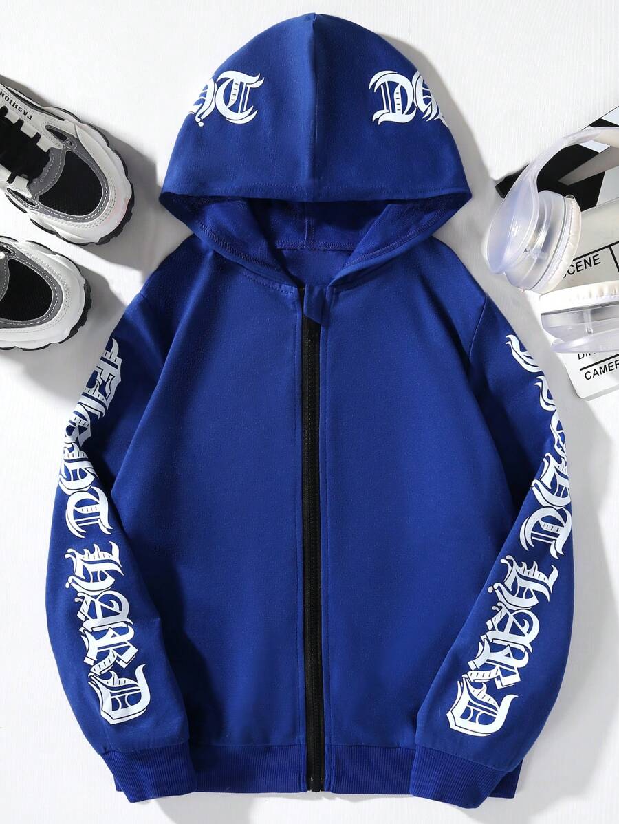 Teen Girl Letter Graphic Zip Up Thermal Lined Sweatshirt - Blue - View 1