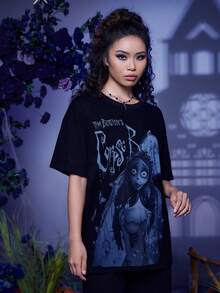Corpse Bride | ROMWE Cartoon Figure & Letter Graphic Tee - Black - View 6