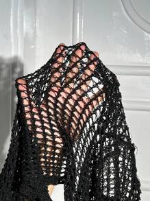 SHEIN ICON 鏤空短款毛衣不附胸罩 - 黑色 - 查看 7