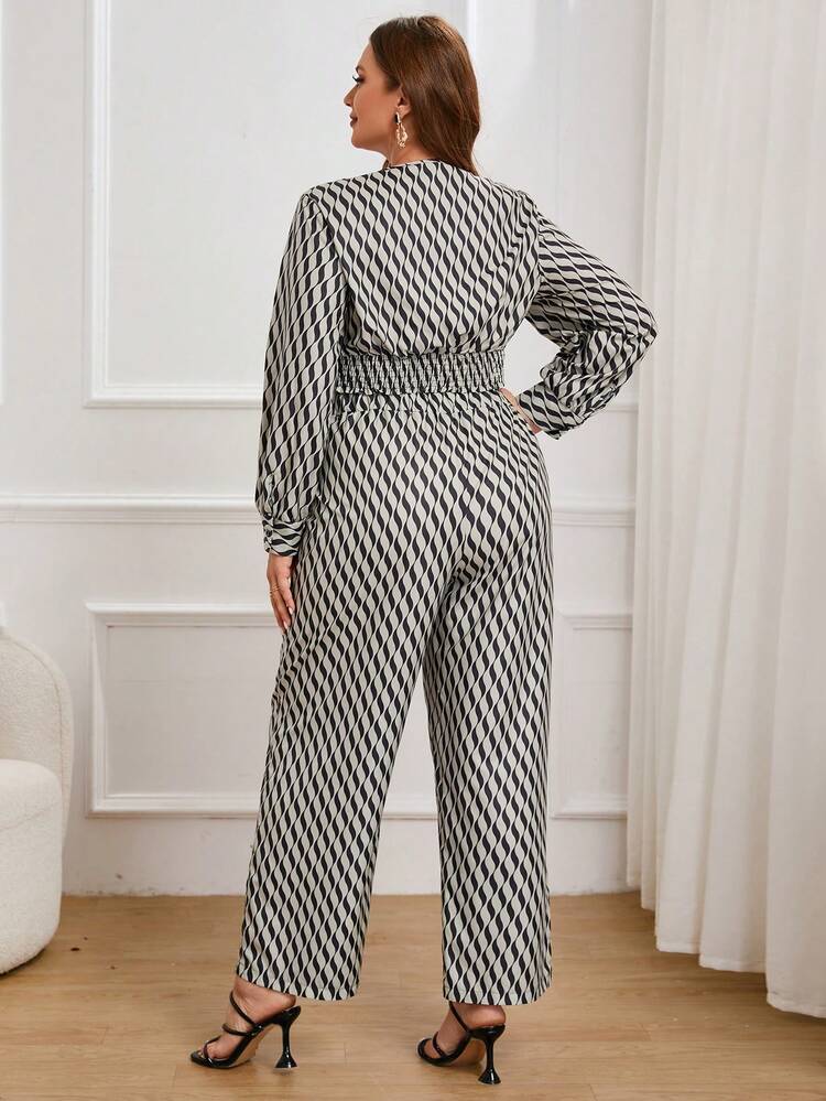 Plus Allover Print Lantern Sleeve Crop Top & Wide Leg Pants