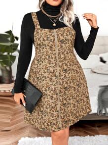 Calvaya Plus Ditsy Floral Print Zip Up Overall Dress Without Sweater - Brown - View 3