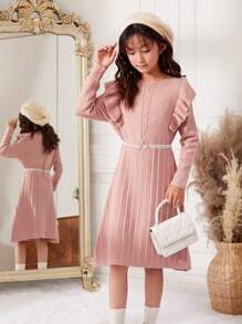 女大童荷葉邊毛衣洋裝不附腰帶 - 粉色 - 查看 2