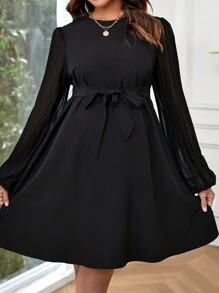 SHEIN 孕婦裝撞色網眼燈籠袖束腰帶洋裝 - 黑色 - 查看 6