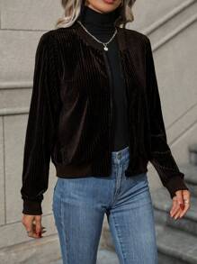 SHEIN LUNE Zip Up Velvet Bomber Jacket - Coffee Brown - View 1