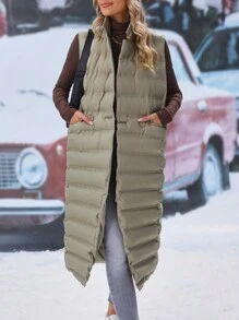 SHEIN LUNE Abrigo largo sin mangas liso para el invierno, uso diario casual - Verde militar - View 3