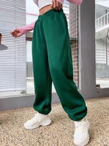 SHEIN Unity 純色鬆緊腰斜袋運動褲 - 墨綠色 - 查看 5