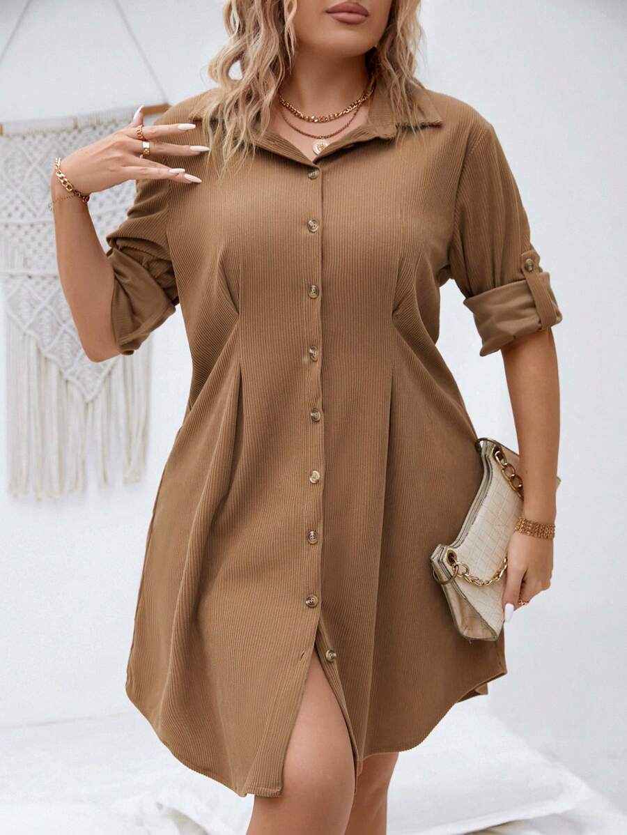 SHEIN LUNE Plus Fold Pleated Detail Roll Tab Sleeve Dress - Brown - View 1