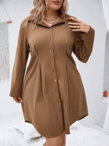 SHEIN LUNE Plus Fold Pleated Detail Roll Tab Sleeve Dress - Brown - View 4