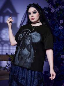 Corpse Bride | ROMWE Talla grande Camiseta de hombros caídos con estampado de dibujos animados - Negro - Ver 4