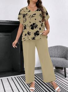 SHEIN LUNE Hơn In hoa tay cánh Áo thun & Quần - Màu Khaki - Xem 6