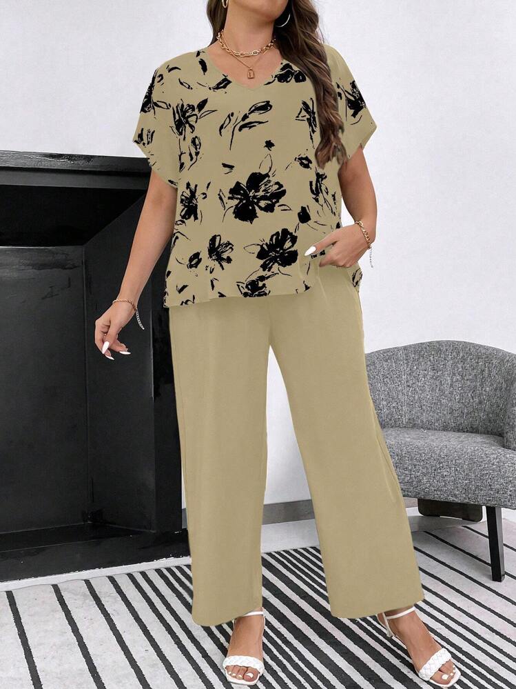 SHEIN LUNE Talla grande Pantalones con top con estampado floral de manga murciélago - Caqui - Añade 6