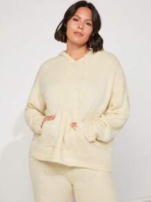 SHEIN BASICS 加袋鼠口袋落肩抽繩連帽毛衣 - 杏色 - 查看 3