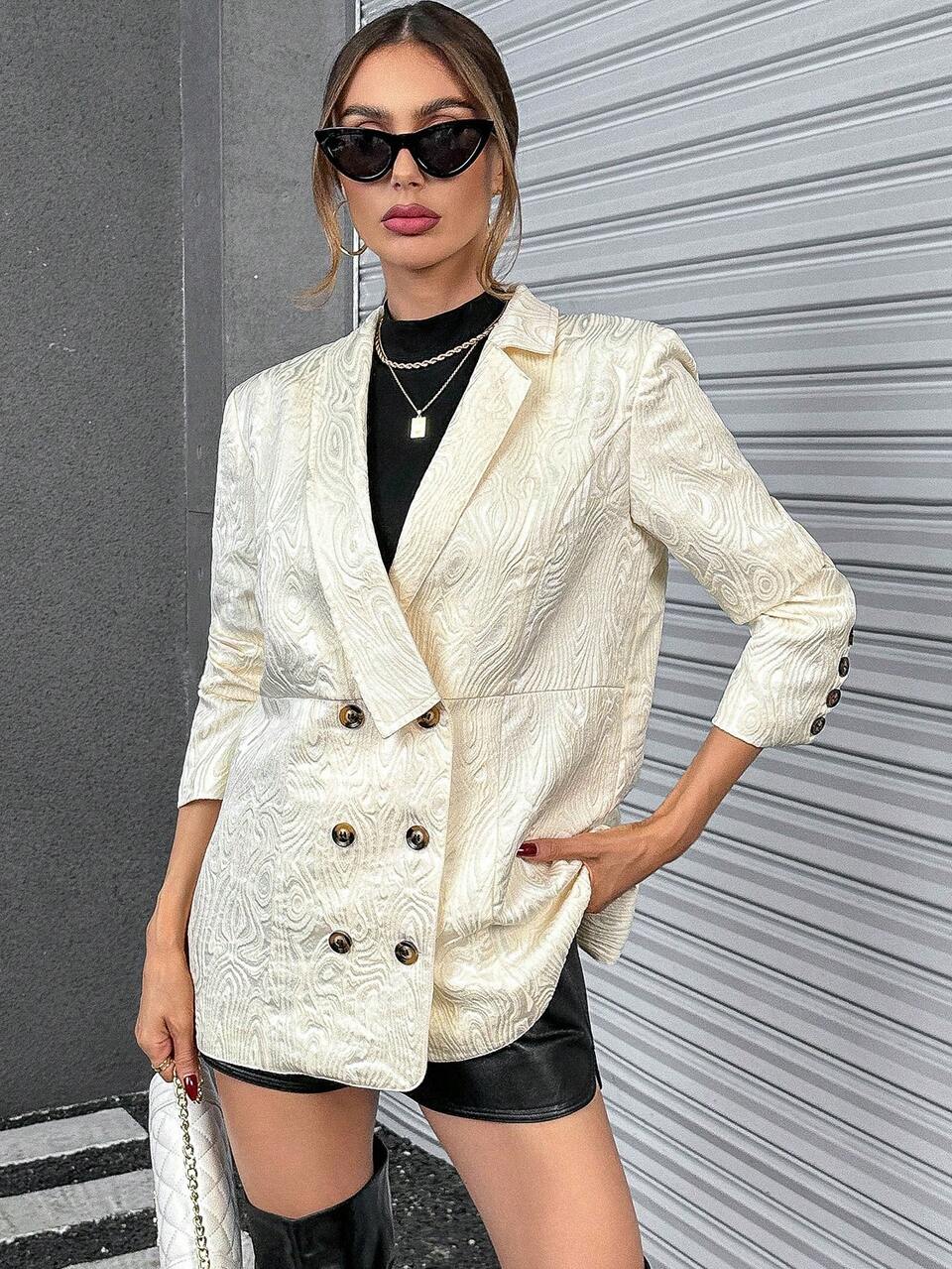 Jacquard Double Breasted Lapel Neck Blazer