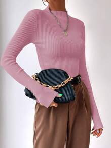 BizChic Mock Neck Split Cuff Ribbed Knit Sweater - Pink - View 6