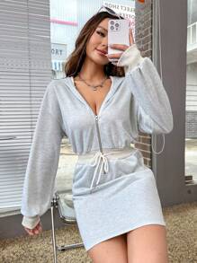 SHEIN Unity Zip Detailed Drawstring Waist Drop Shoulder Hoodie Dress - Grey - View 3