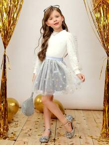 女小童星星網紗覆蓋半身裙適用於聖誕 - 灰色 - 查看 4