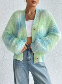 SHEIN Qutie Ombre Fluffy Knit Drop Shoulder Cardigan - Blue - View 3