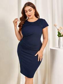 CurvySweet Cộng với đầm bodycon viền ren trơn - Màu xanh hải quân - Xem 4