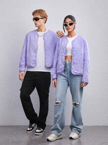 Manfinity VCAY 1pc Letter Patched Detail Oversize Quilted Coat, For Fall Winter - Purple - View 4