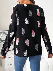 SHEIN Maternity Feather Print V Neck Blouse - Black - View 2