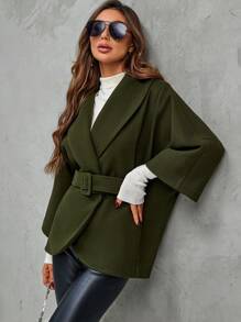 SHEIN LUNE Shawl Collar Belted Overcoat - Army Green - View 4