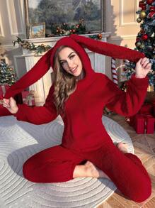 1 bộ đồ ngủ vải nỉ trùm đầu thiết kế tai 3D, Giáng sinh - Màu Đỏ Sâu - Xem 3