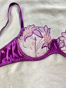 SHEIN Floral Embroidery Mesh Underwire Lingerie Set - Purple - View 3