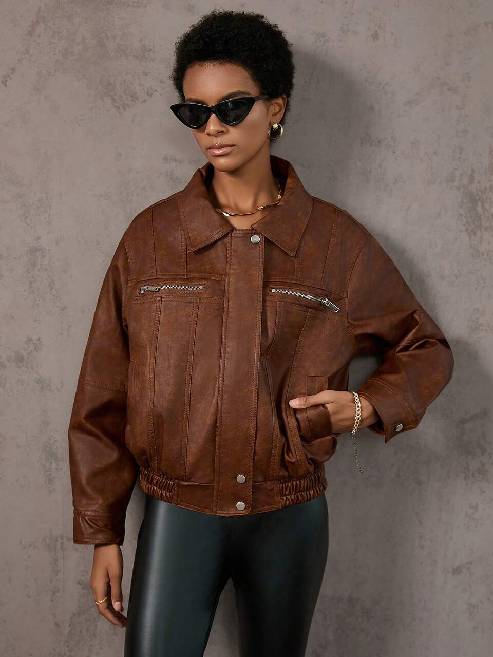 Zip Up PU Leather Jacket Fall Cloth For Women
