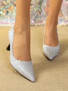 Elegantes zapatos plateados de tacón alto para mujer, adecuados para fiestas. - Plateado - Ver 6