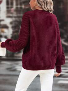 SHEIN LUNE 素色落肩袖套頭毛衣 - 酒紅色 - 查看 2
