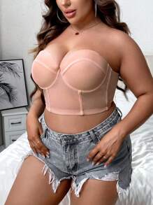 Plus Size Strapless Push Up Bra Backless Casual Coral Pink Medium Stretch - Coral Pink - View 6