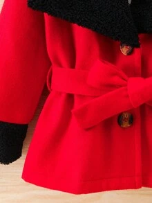 SHEIN 女小童1入組拼接羊絨領口腰帶花呢外套適用於聖誕 - 紅色 - 查看 4