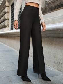 EURMUSE Chất rắn Cao eo quần ống rộng Quần tây - màu đen - Xem 2