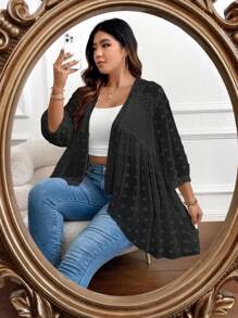 SHEIN Clasi Plus Swiss Dot Asymmetrical Hem Chiffon Coat - Black - View 6