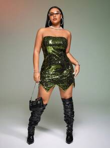 SHEIN ICON Plus Asymmetrical Hem Sequin Tube Dress - Green - View 4