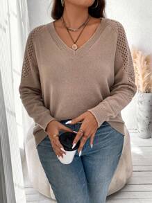 Flirla Plus Raglan Sleeve Pointelle Knit Sweater Knit Pullover Fall Winter Sweater - Apricot - View 4