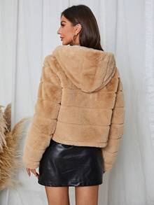 RELISH NOLESS Zip Up Hooded Fuzzy Coat - Camel - View 2