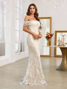 SHEIN Belle Off Shoulder Floor Length Wedding Dress - White - View 5