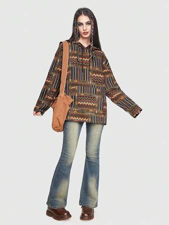 Hippie Geo Print Drop Shoulder Hoodie