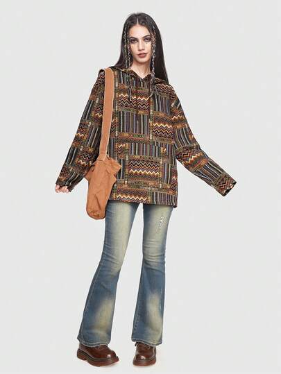 Hippie sweat-shirt à capuche à épaules tombantes avec imprimé géométrique