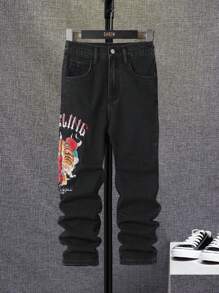 SHEIN Tween Boy Tiger & Letter Graphic Jeans - Black - View 1