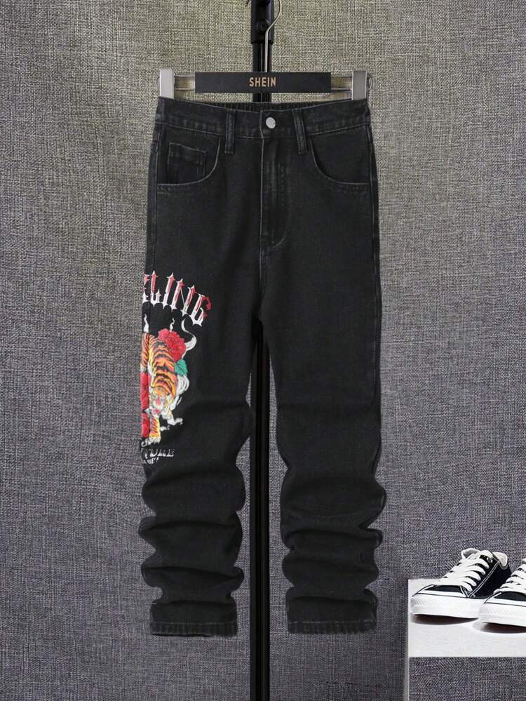 Tween Boy Tiger & Letter Graphic Jeans