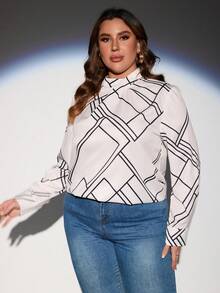 SHEIN LUNE 大碼幾何印花小高領襯衫 - 白色 - 查看 4
