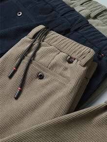 Men Drawstring Waist Corduroy Pants - Khaki - View 2