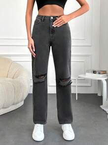 SHEIN Cottnline Ripped Straight Leg Jeans - Black - View 1
