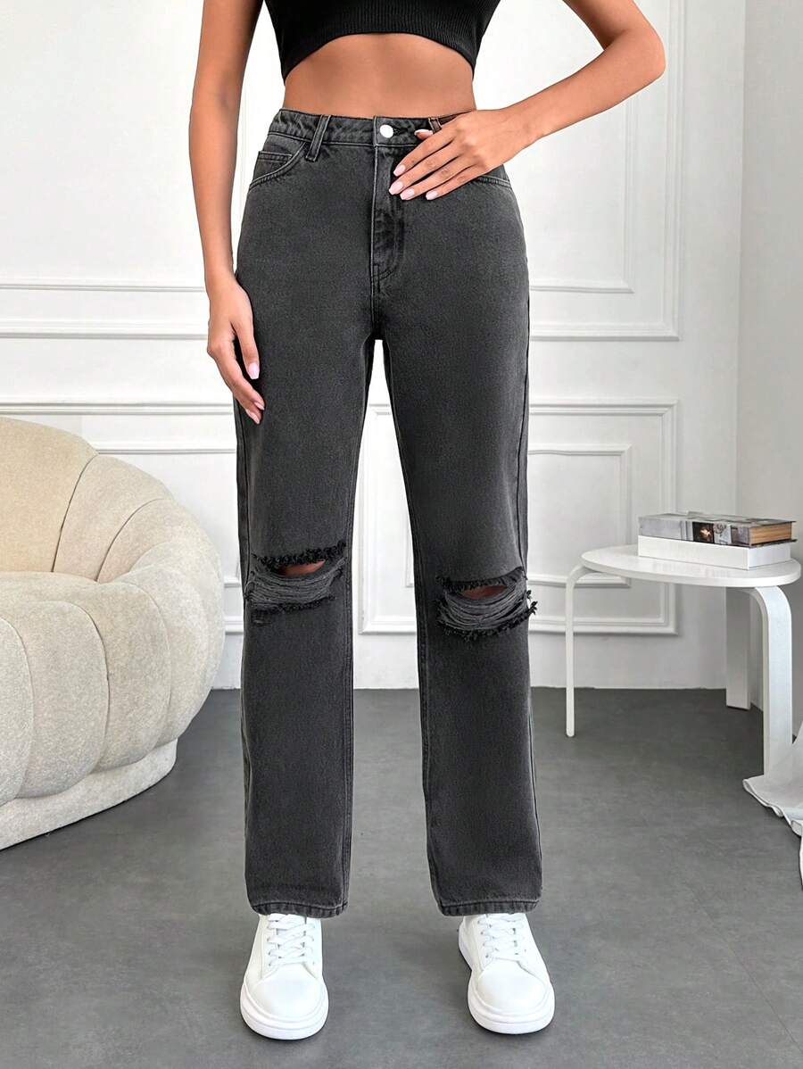 SHEIN Cottnline Ripped Straight Leg Jeans - Black - View 1